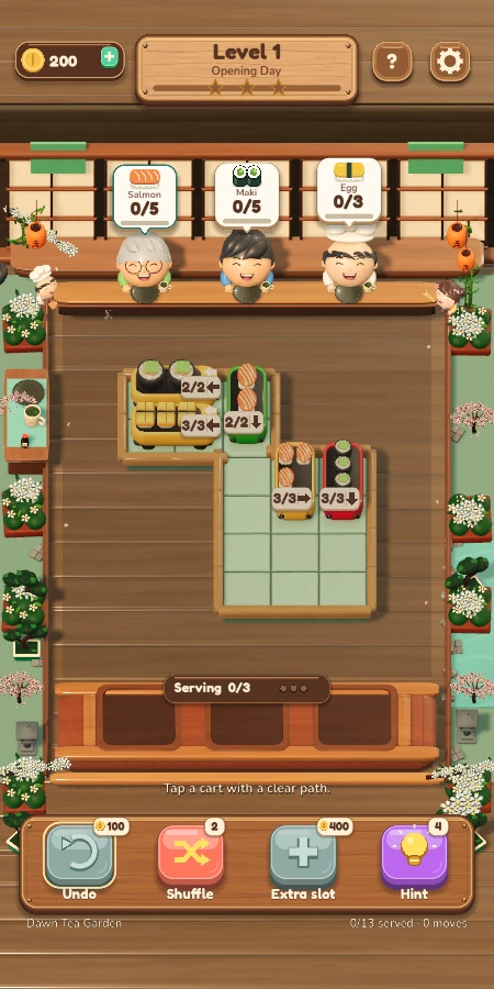 Sushi Rush gameplay showing sushi carts, hungry guests, and a cozy miniature restaurant