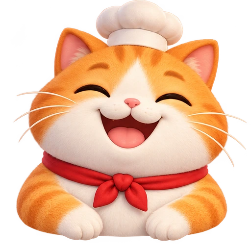Mochi, a smiling orange and white cat in a chef hat