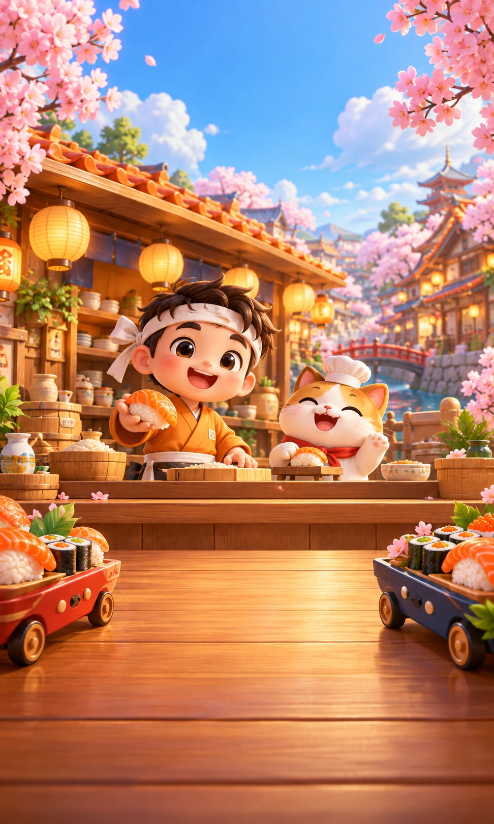 Chef Nori and Mochi the cat welcoming you to their sunny sushi shop beneath cherry blossoms